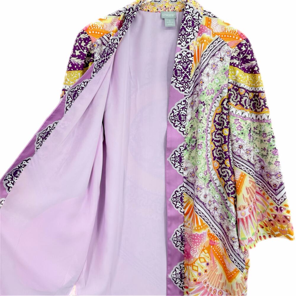 Chico’s Sz 0 Purple Pastel Coastal Tile Floral Satin Boho Chic Duster Cardigan - Picture 10 of 13
